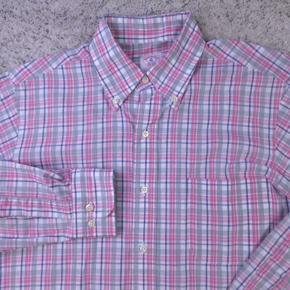 Brooks Brothers Shirt Mens Small Made In USA Long Sleeve Button Plaid Pink GUC